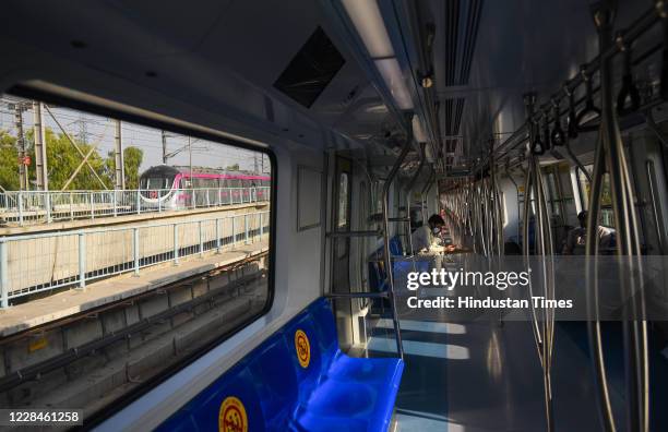 Magenta Line metro train running after services on the line were resumed as part of DMRC's reopening of metro service for public graded manner, on...