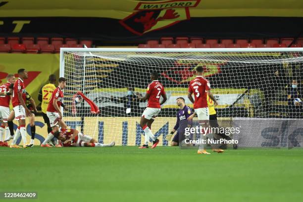 Craig Cathcart of Watford scores his sides first goal during the Sky Bet Championship match between Watford and Middlesbrough at Vicarage Road,...