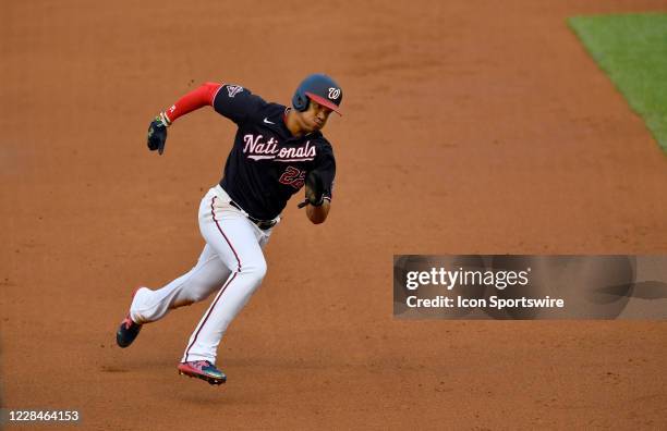 Washington Nationals DH Juan Soto runs to third base during the Atlanta Braves vs. Washington Nationals MLB game at Nationals Park on September 11,...