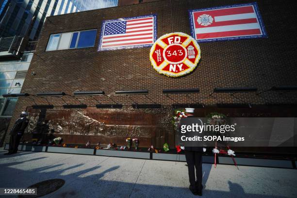 View of FDNY Memorial Wall during the 9/11 memorial service at the National September 11 Memorial and Museum. The ceremony to remember those who were...