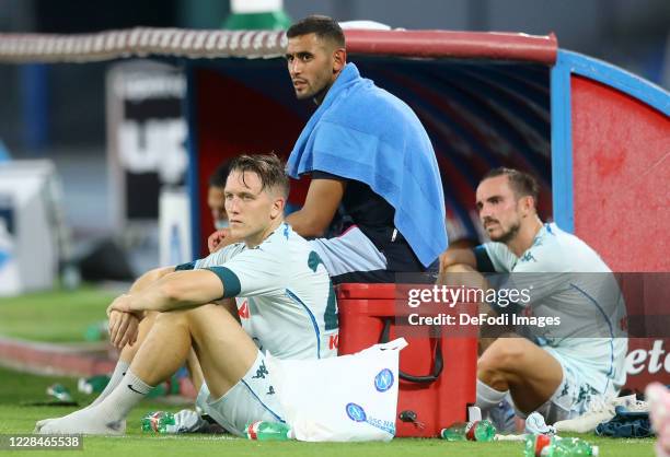 Piotr Zielinski of Napoli, Faouzi Ghoulam of Napoli and Fabian Ruiz of Napoli look on during the Pre-Season Friendly match between SSC Napoli and...