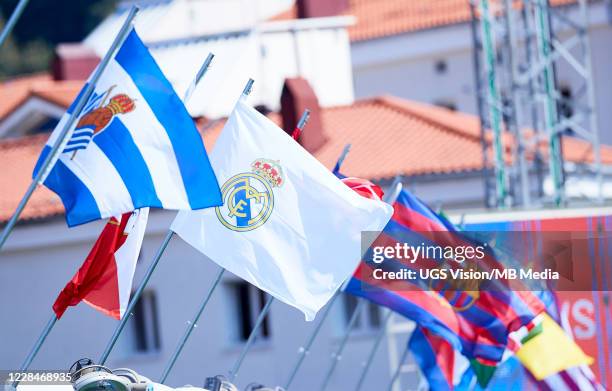 Real Madrid CF and FC Barcelona flags before the La Liga Santander match between SD Eibar and RC Celta at Estadio Municipal de Ipurua on September...