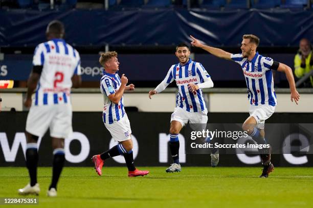 Pawel Bochniewicz of SC Heerenveen celebrates 2-0 with Oliver Batista Meier of SC Heerenveen during the Dutch Eredivisie match between SC Heerenveen...