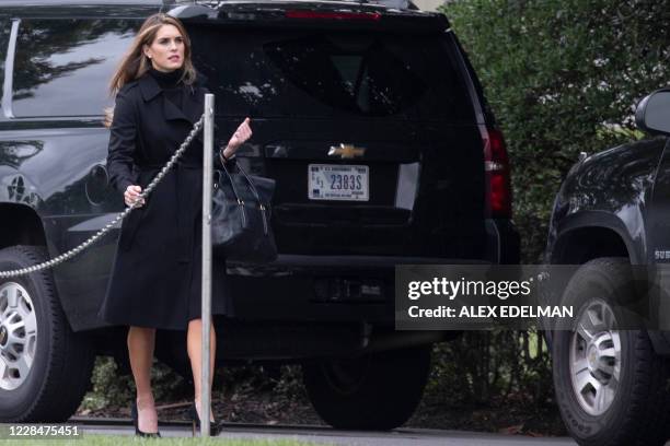 Counselor to President Donald Trump, Hope Hicks, arrives to ride the presidential motorcade as it departs the White House for the Trump International...