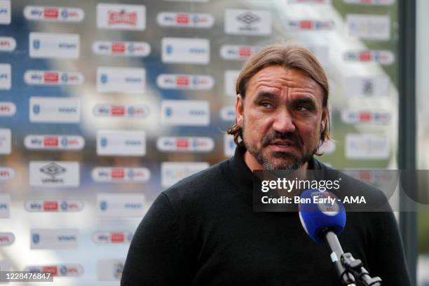 Daniel Farke the Manager / Head Coach of Norwich City talks to the press after the Sky Bet Championship match between Huddersfield Town and Norwich...