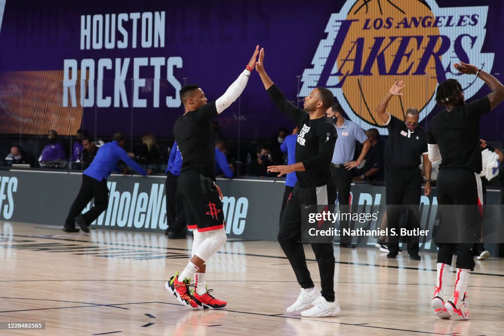 Russell Rockets Basketball Russell Westbrook and Eric Gordon of the Houston Rockets high five ...