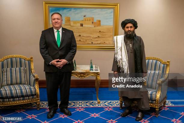 Secretary of State Michael R. Pompeo meets with the Taliban political affairs chief Mullah Abdul Ghani Baradar in Doha, Qatar, on September 12, 2020.