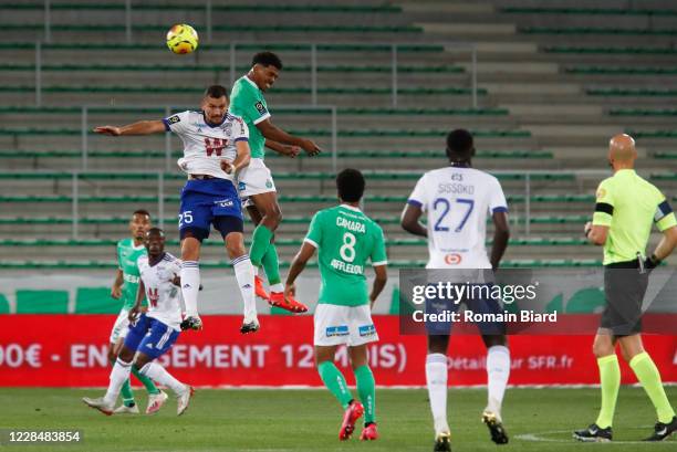 Ludovic AJORQUE of Strasbourg and Wesley FOFANA of Saint Etienne during the Ligue 1 match between Saint Etienne v Strasbourg at Stade...