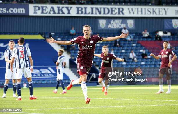 Timothy Castagne of Leicester City celebrates after scoring to make it 0-1 during the Premier League match between West Bromwich Albion and Leicester...