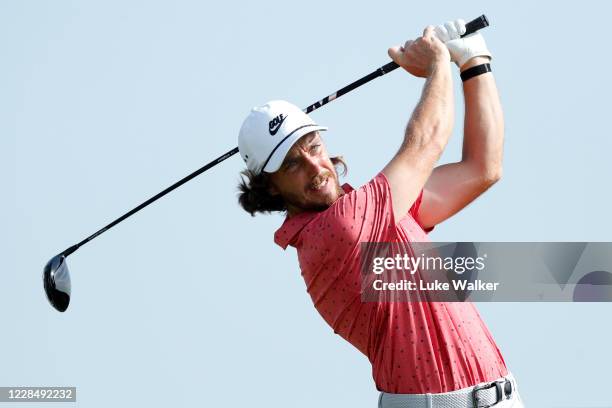 Tommy Fleetwood of England tees off on the 18th hole during Day Four of the Portugal Masters at Dom Pedro Victoria Golf Course on September 13, 2020...