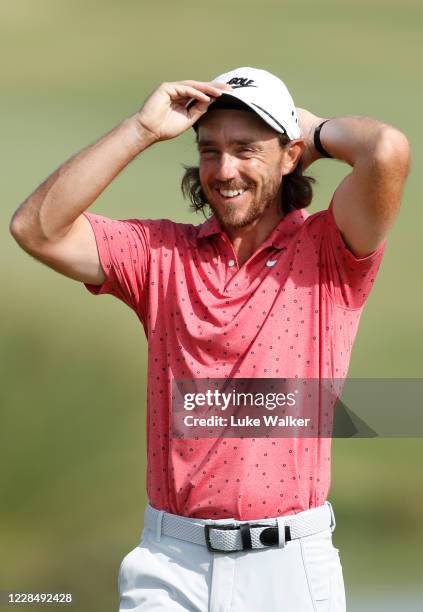Tommy Fleetwood of England reacts on the 18th hole during Day Four of the Portugal Masters at Dom Pedro Victoria Golf Course on September 13, 2020 in...