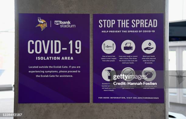 Signage is posted inside the arena before the game between the Minnesota Vikings and the Green Bay Packers at U.S. Bank Stadium on September 13, 2020...