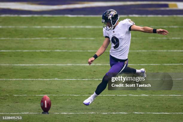 Justin Tucker of the Baltimore Ravens takes the opening kick-off against the Cleveland Browns at M&T Bank Stadium on September 13, 2020 in Baltimore,...
