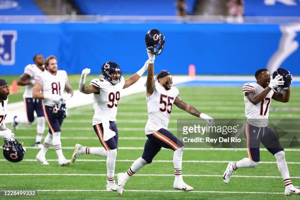 Josh Woods, Trevis Gipson and Anthony Miller of the Chicago Bears celebrates a 27 - 23 win over the Detroit Lions at Ford Field on September 13, 2020...