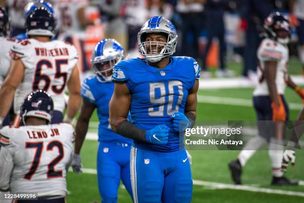 Trey Flowers of the Detroit Lions grins during the game against the Chicago Bears at Ford Field on September 13, 2020 in Detroit, Michigan.