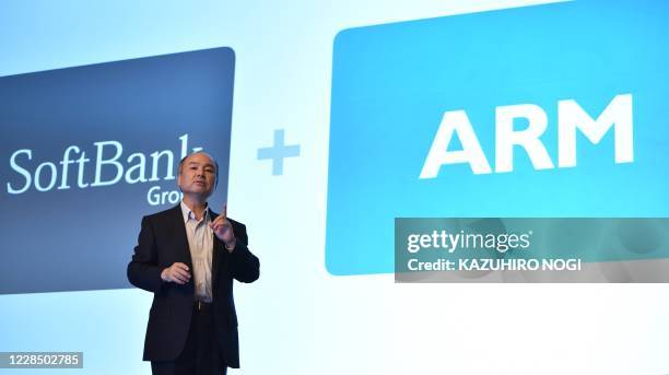 This file picture taken on July 28, 2016 shows SoftBank Group Representative Masayoshi Son speaking at a press conference to announce the company's...