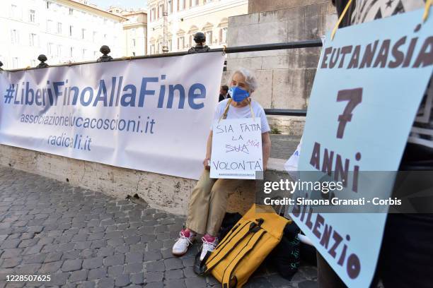 Mina Welby with Luca Coscioni Association activists protests in front of Parliament to demand legal euthanasia, on September 14, 2020 in Rome, Italy....