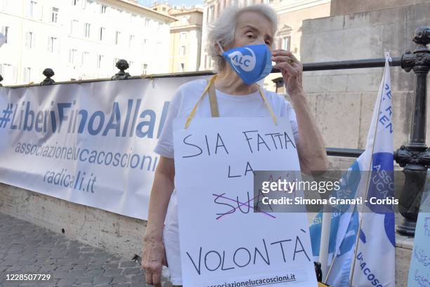 Mina Welby with Luca Coscioni Association activists protests in front of Parliament to demand legal euthanasia, on September 14, 2020 in Rome, Italy....