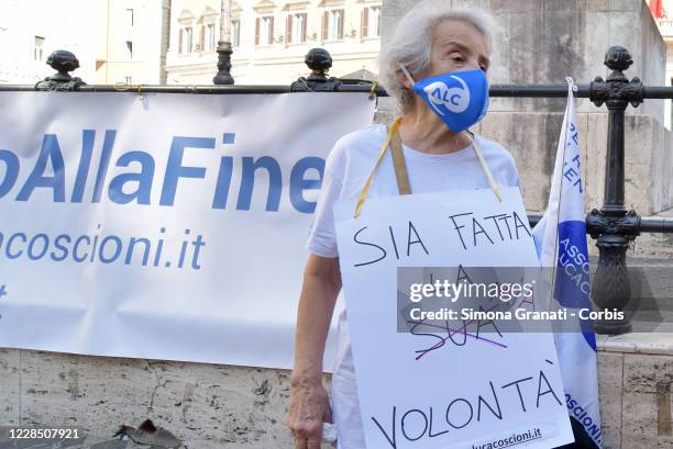 Mina Welby with Luca Coscioni Association activists protests in front of Parliament to demand legal euthanasia, on September 14, 2020 in Rome, Italy....