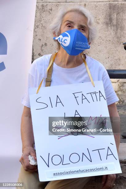 Mina Welby with Luca Coscioni Association activists protests in front of Parliament to demand legal euthanasia, on September 14, 2020 in Rome, Italy....