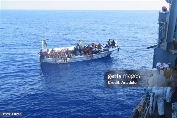 Migrants detected by Turkish Naval Task Group, operating offshore Lebanon in TCG Bozcaada Corvette, are rescued in coordination with United Nations...