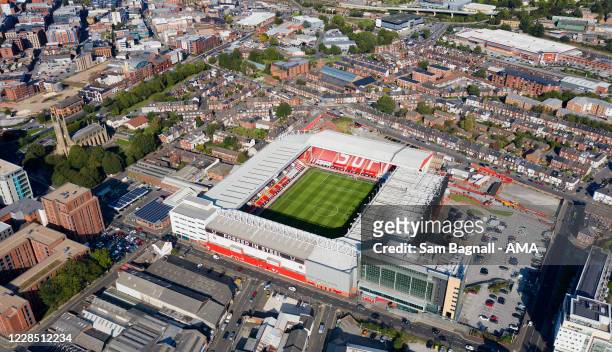 An aerial view of Bramall Lane the home stadium of Sheffield United prior to the Premier League match between Sheffield United and Wolverhampton...