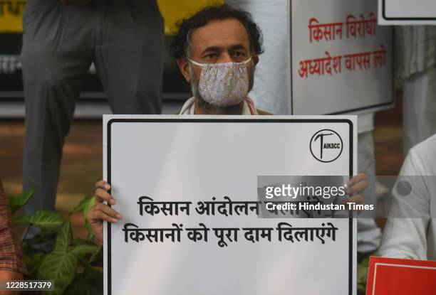 Social activist Yogendra Yadav seen during the All India Kisan Sangharsh coordination committee protest against the Central government at Jantar...