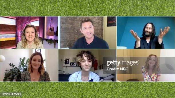 Episode 3171 -- Pictured in this screen grab: Kelly Clarkson, Alex Winter, Keanu Reeves, Erinn Hayes, Brigette Lundy-Paine, Jayma Mays --