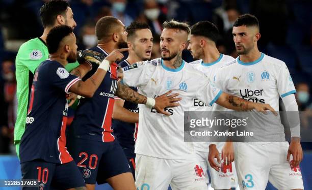 Neymar Jr of Paris Saint-Germain reacted to racist insult of Alvaro Gonzalez of Olympique Marseille during the match between Paris-Germain and...