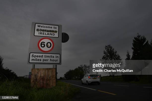 Defaced Welcome to Northern Ireland sign can be seen on the border between Northern Ireland and the Republic of Ireland can be seen on September 14,...