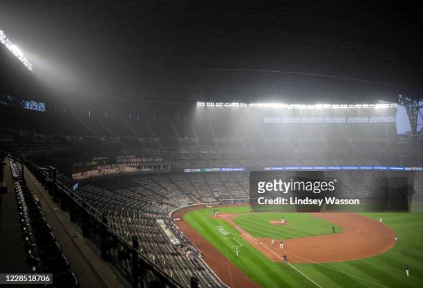 Wildfire smoke fills the air during the second game of a doubleheader between the Seattle Mariners and Oakland Athletics at T-Mobile Park on...