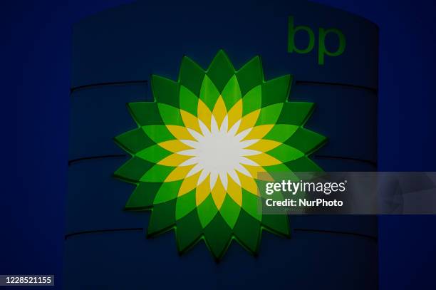 British gas and oil multinational company BP logo is seen on September 14, 2020 in Warsaw, Poland.