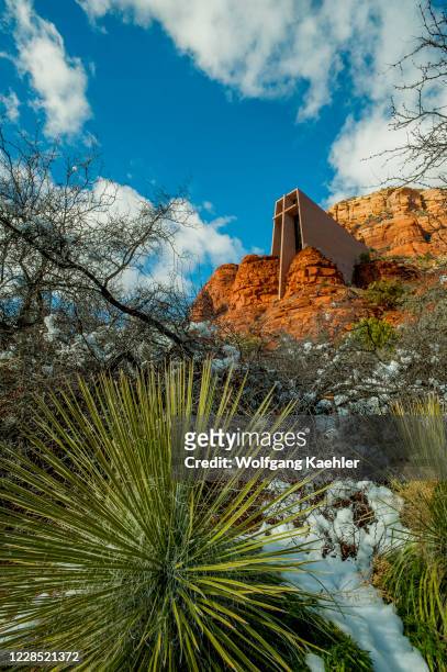 View of the Chapel of the Holy Cross with snow in Sedona, Arizona, USA.