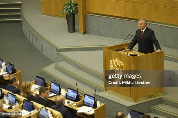 Russian State Duma Chairman Vyacheslav Volodin speaks during the plenary meeting at State Duma, on September 2020, in Moscow, Russia. State Duma, the...