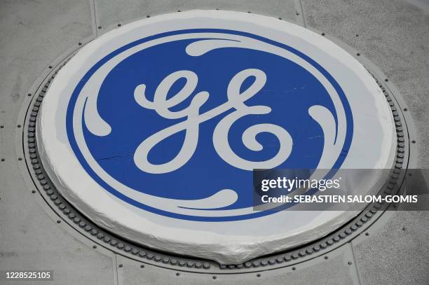 The GE logo is pictured at the General Electric plant of Montoir-de-Bretagne, Britany, on September 15, 2020.