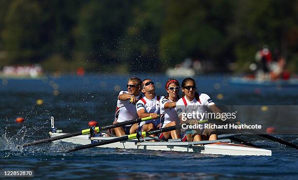 Eric McDaniel, Andrew Johnson, Emma Preuschl, Eleni Englert, Alexandra Stein of the USA compleate in the LTAMix4+ Adaptive rowing heats during day...