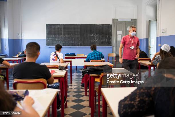 Josmar Aguero's classroom during a lesson on the first day of the new school year on September 15, 2020 in Turin, Italy. Italian children returned to...