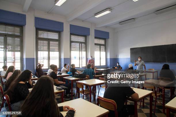 Classroom of Josmar Aguero, 17 years old, participating in a lesson on the first day of the new school year on September 15, 2020 in Turin, Italy....