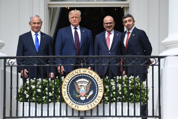 Israeli Prime Minister Benjamin Netanyahu, US President Donald Trump, Bahrain Foreign Minister Abdullatif al-Zayani, and UAE Foreign Minister...
