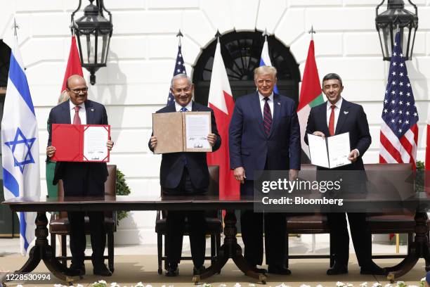 Abdullatif bin Rashid Al Zayani, Bahrain's foreign affairs minister, left, Benjamin Netanyahu, Israel's prime minister, second left, and Sheikh...