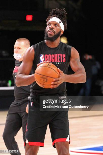 Orlando, FL DeMarre Carroll of the Houston Rockets warms up before Game Five of the Western Conference Semifinals against the Los Angeles Lakers on...