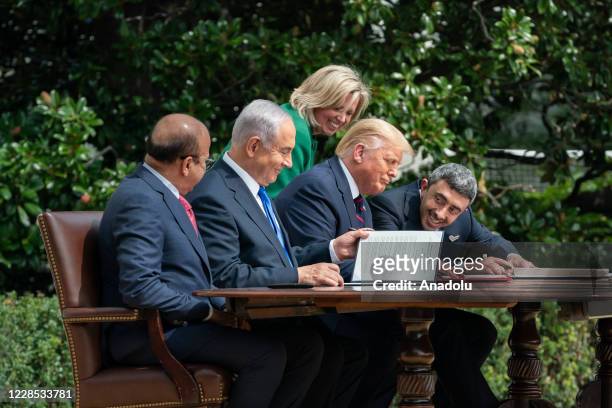 President Donald Trump , Israeli Prime Minister Benjamin Netanyahu , UAE Foreign Minister Abdullah bin Zayed Al Nahyan and Bahrain Foreign Minister...