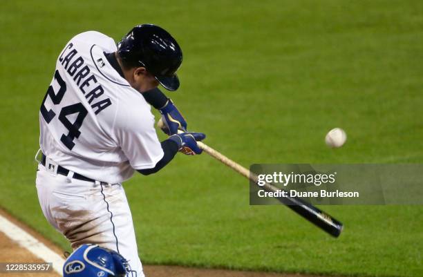 Miguel Cabrera of the Detroit Tigers fouls off a pitch against the Kansas City Royals before being walked during the fifth inning at Comerica Park on...