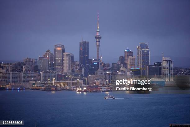 The Sky Tower, center, and other buildings stand in Auckland, New Zealand, on Wednesday, Sept. 16, 2020. New Zealands economy will endure a shallower...