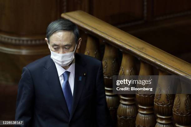 Yoshihide Suga, president of the Liberal Democratic Party , walks back to his seat after casting his ballot for the nomination of Japan's prime...