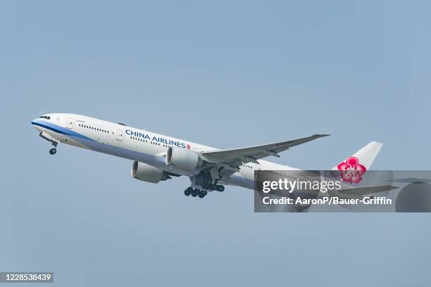 China Airlines Boeing 777-300ER takes off at Los Angeles international Airport on September 15, 2020 in Los Angeles, California.
