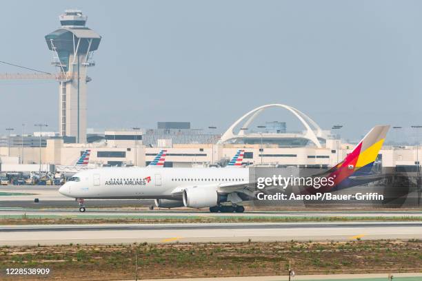 Asiana Airlines Airbus A350-941 arrives at Los Angeles international Airport on September 15, 2020 in Los Angeles, California.