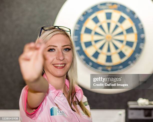 Fallon Sharrock looks on during the Photocall with Fallon Sherrock on September 16, 2020 in Dortmund, Germany.