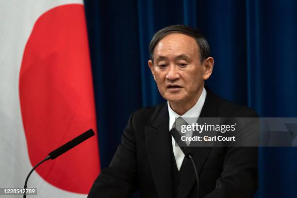 Yoshihide Suga speaks during a press conference following his confirmation as prime minister of Japan on September 16, 2020 in Tokyo, Japan. Mr Suga...