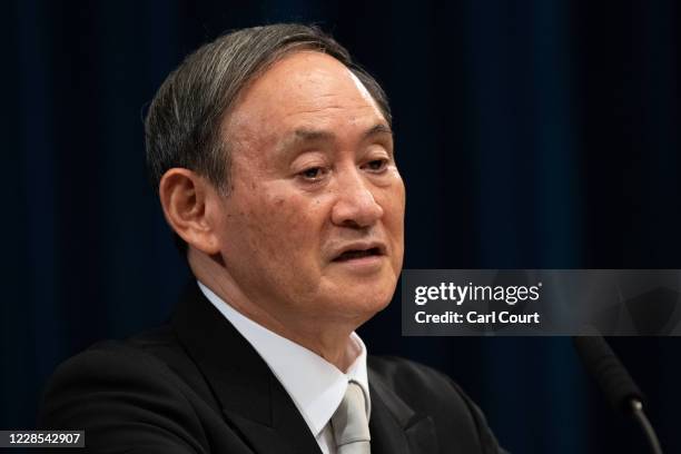 Yoshihide Suga speaks during a press conference following his confirmation as prime minister of Japan on September 16, 2020 in Tokyo, Japan. Mr Suga...